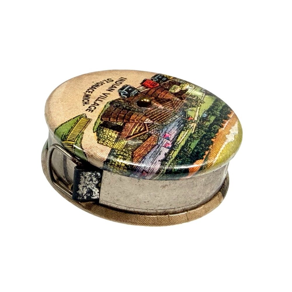 Vintage Souvenir Tape Measure Indian Village St. Ignace MI Retractable Mini - Picture 3 of 8